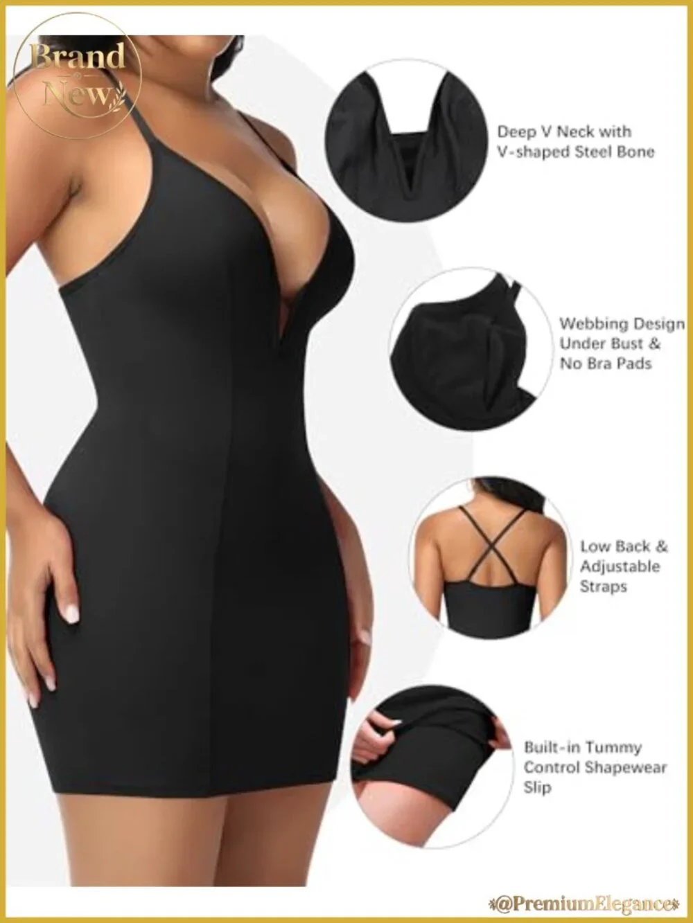 Deep V Neck Bodycon Mini Dress with Built-in Shapewear Slip Tummy Control Night